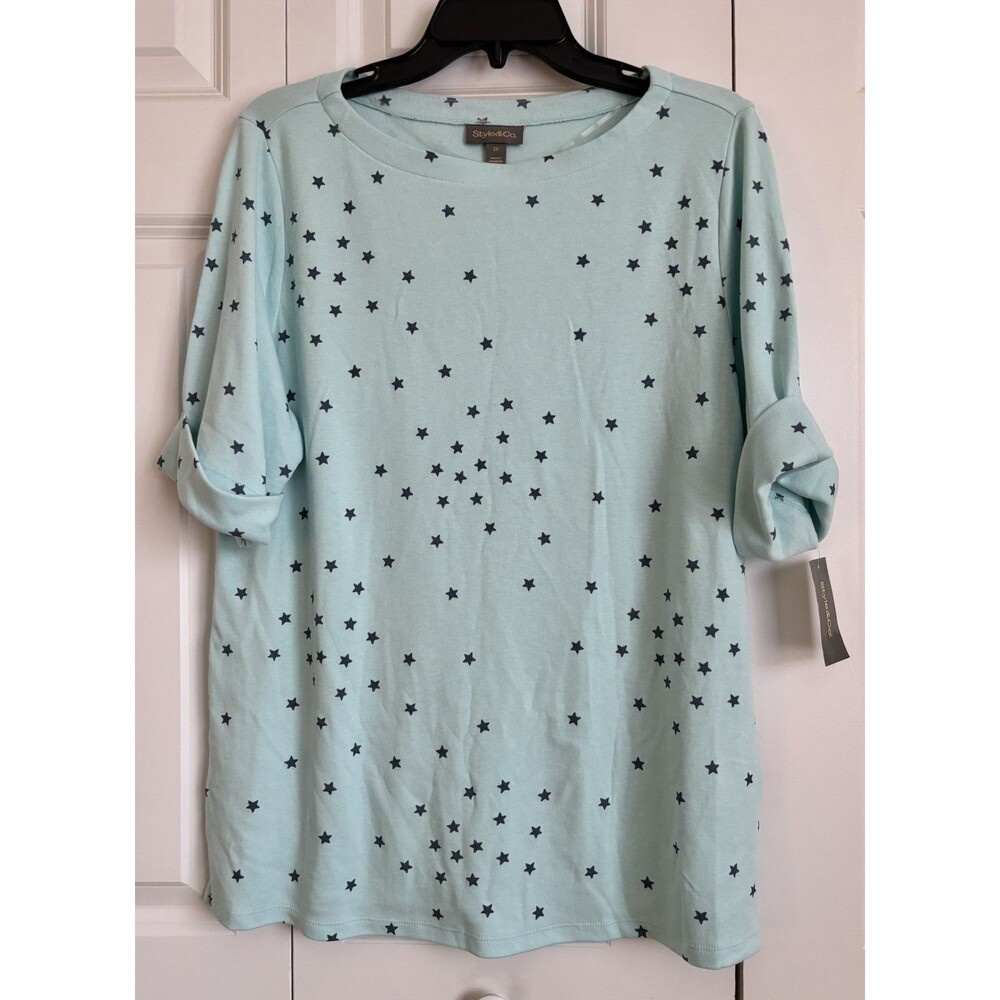 Style & Co. Women's Tops Star Water Blue Boat Neck Elbow Sleeve Plus Size